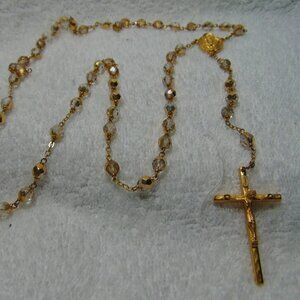 Catholic Rosary with Gold Clear Beads, Gold Cross & Gold Medallion with Mary
